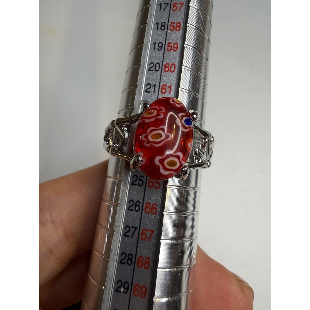 Red Millefiori Art Glass Ring Silver Tone Bamboo Shank Size 10.5 US